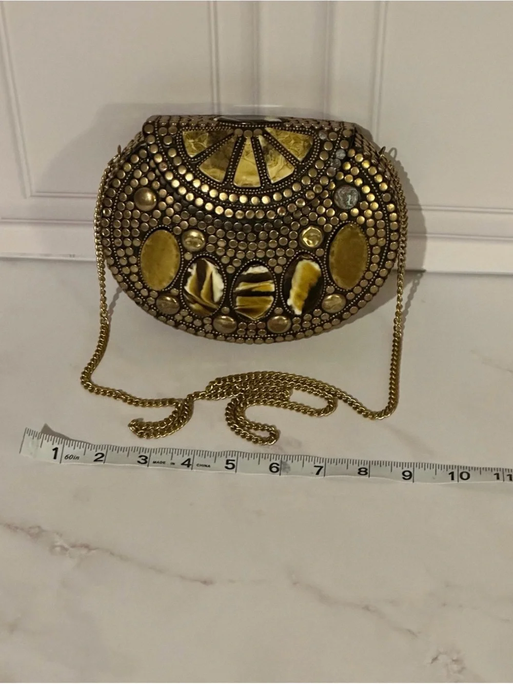 Vintage Brass Mosaic Clutch Boho Hard Case Evening Bag Stones Crossbody